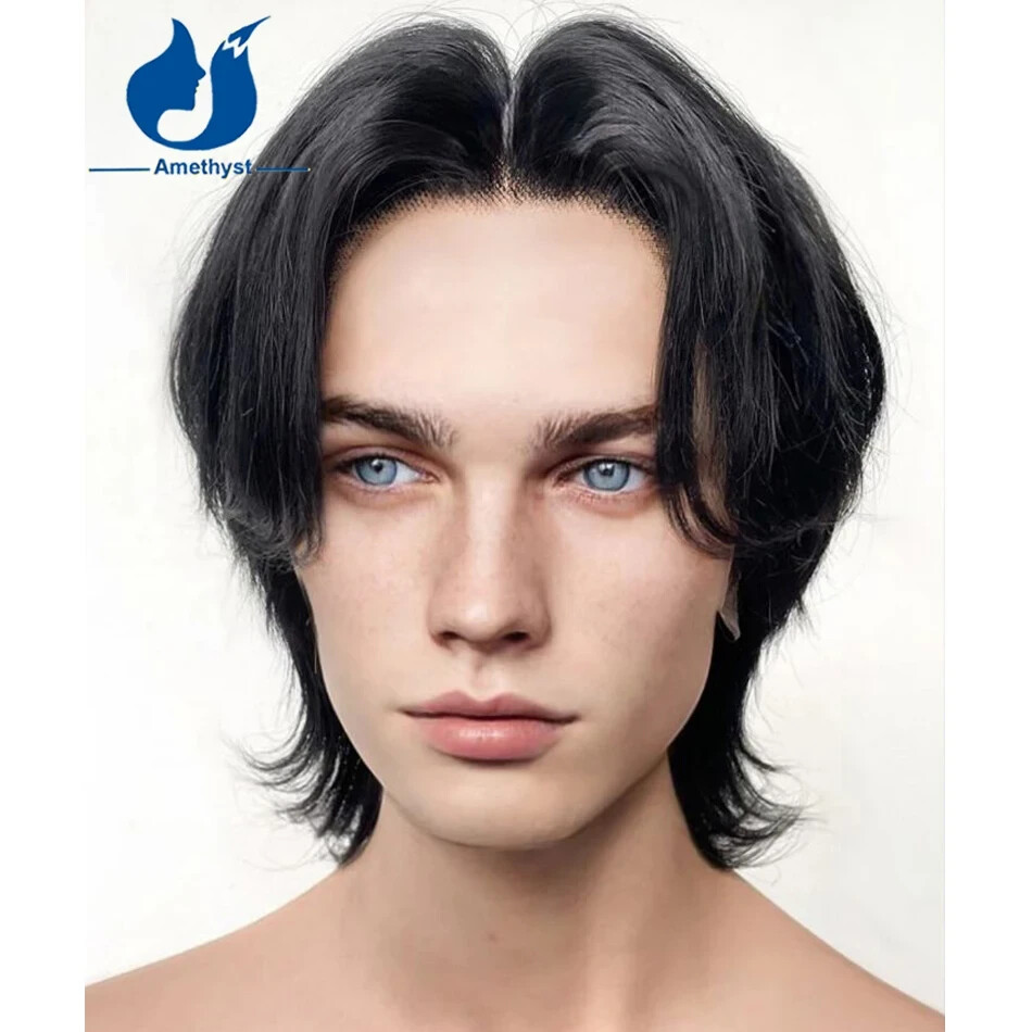 Layered Men’s Mullet Wig Lace Front Human Hair Remy Brazilian Wig Curtain Bangs