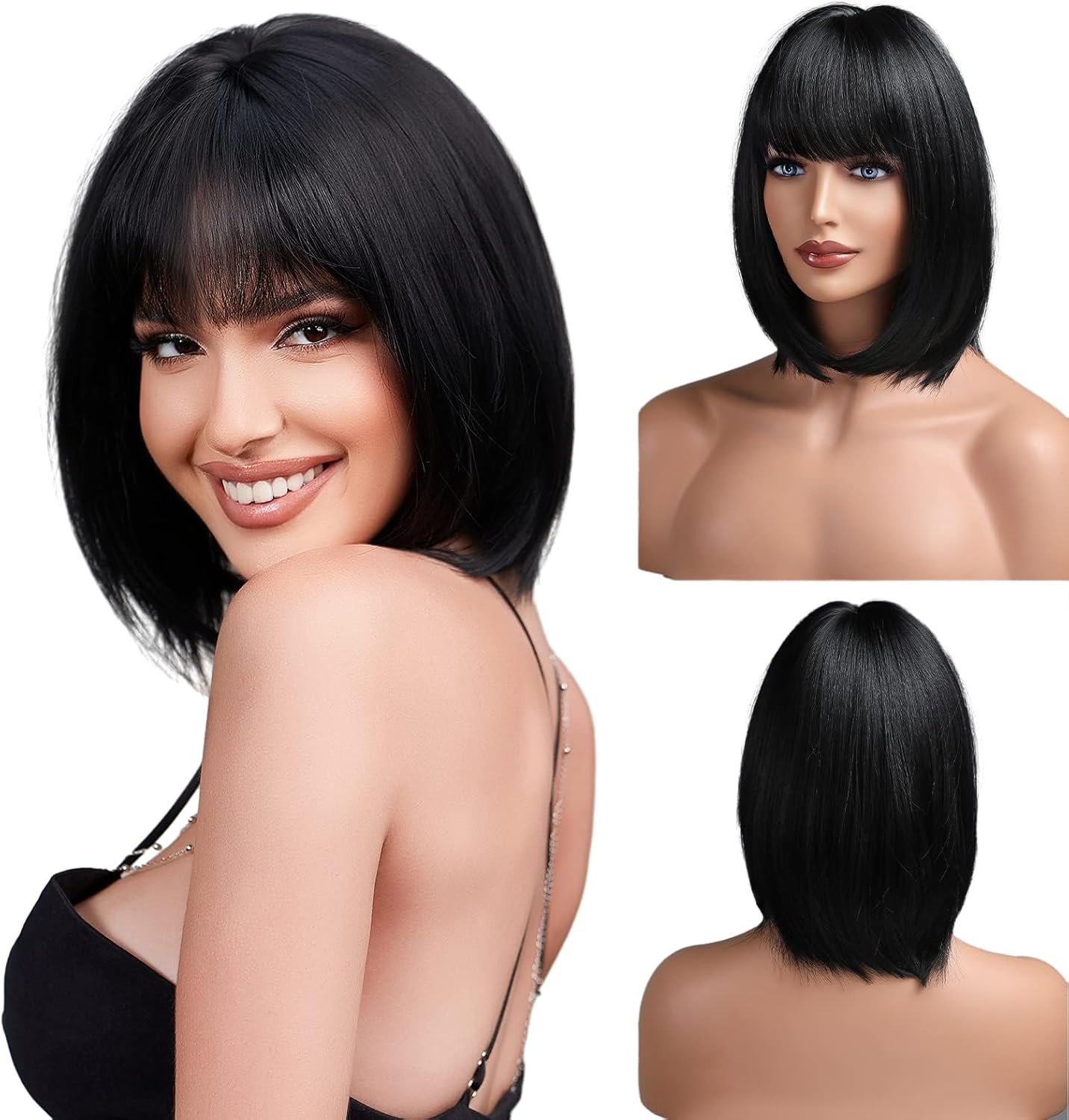 Dress Up Wig With Fringe Soft Layered Off black Heat Resistant Hair Bob Straight
