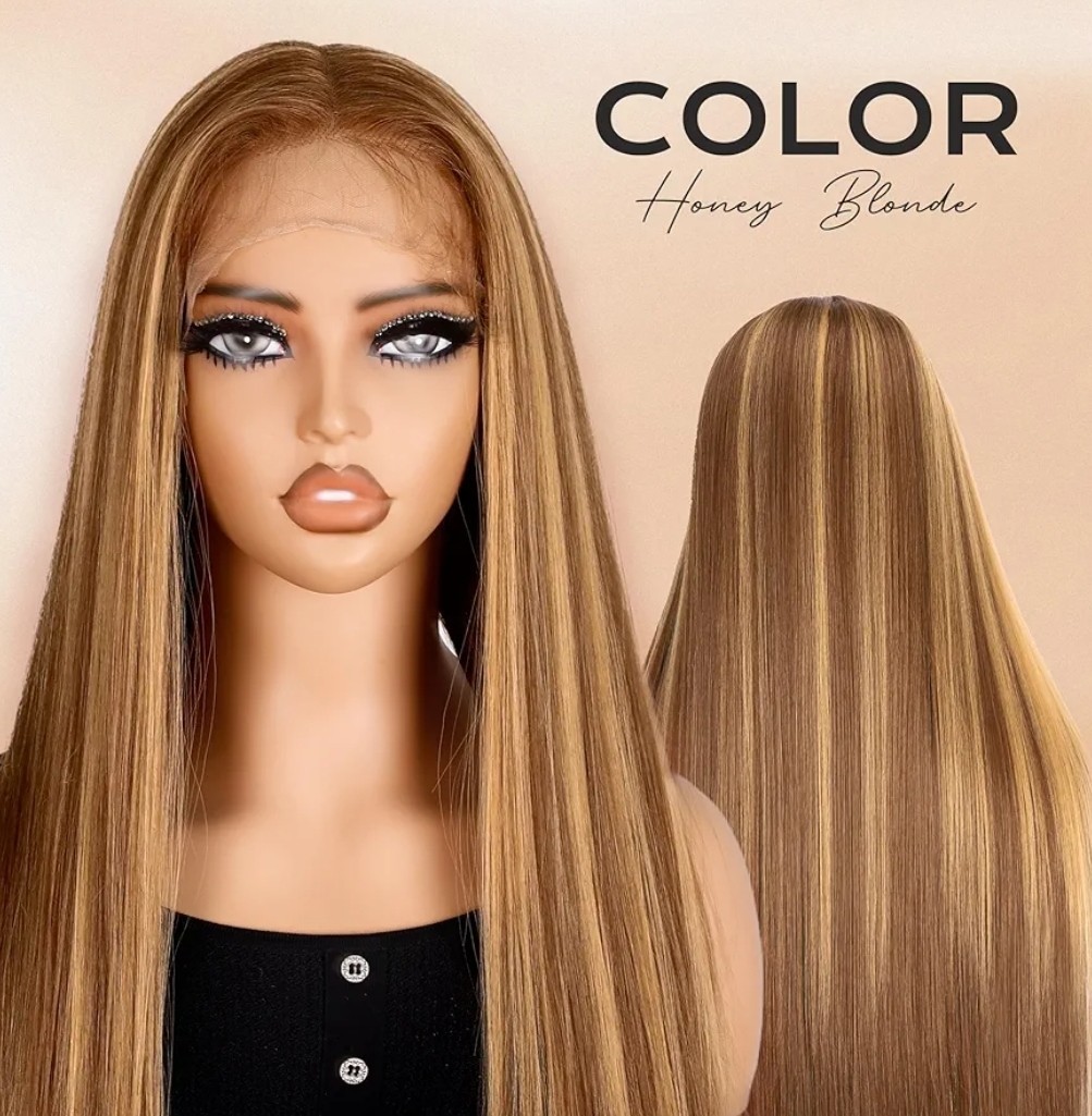 HD Lace Front Wig Human Hair Blend Highlights Wavy Curly Honey BROWN Blonde