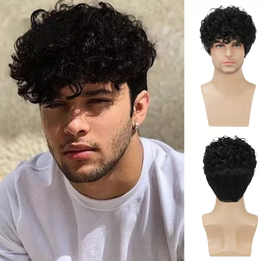 Mens Brown Small Short Curly Wig European American Style Synthetic Full Head Wig