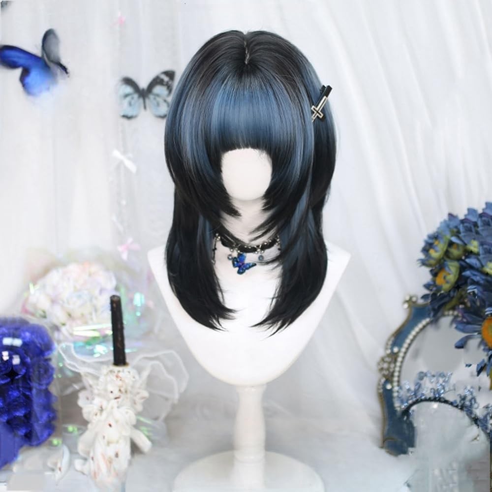 Black Blue Gradient Jellyfish Head Hairpiece Ombre Long Hair with Bangs Kawai…
