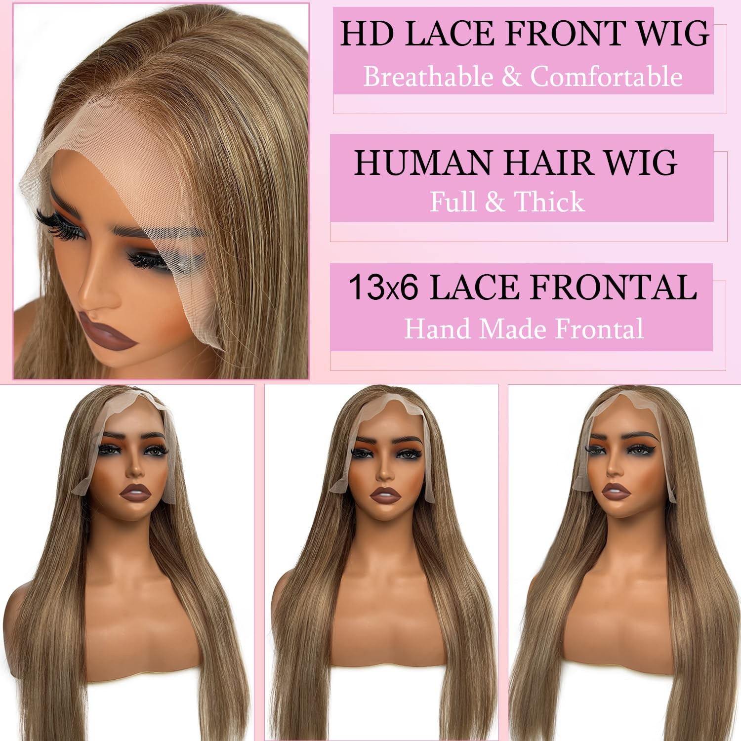 Valiilo 13X6 Ash Blonde Lace Front Wig Human Hair 24 Inch Brown Mixed Blonde
