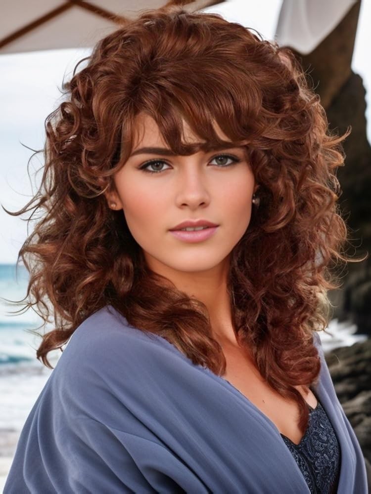 Auburn Curly Wig Shoulder Length Synthetic Hair Wig with Bangs
