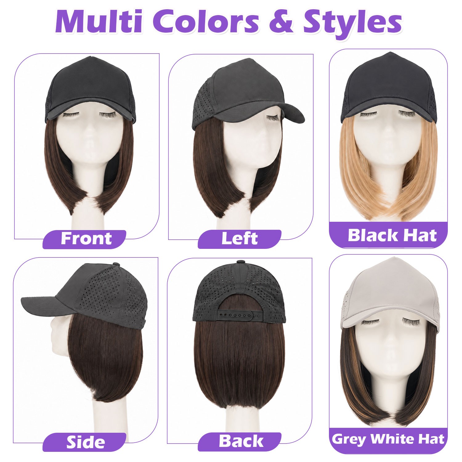 USA Women Baseball Cap with Synthetic Wig Straight Full Wigs Hat for Natural Use