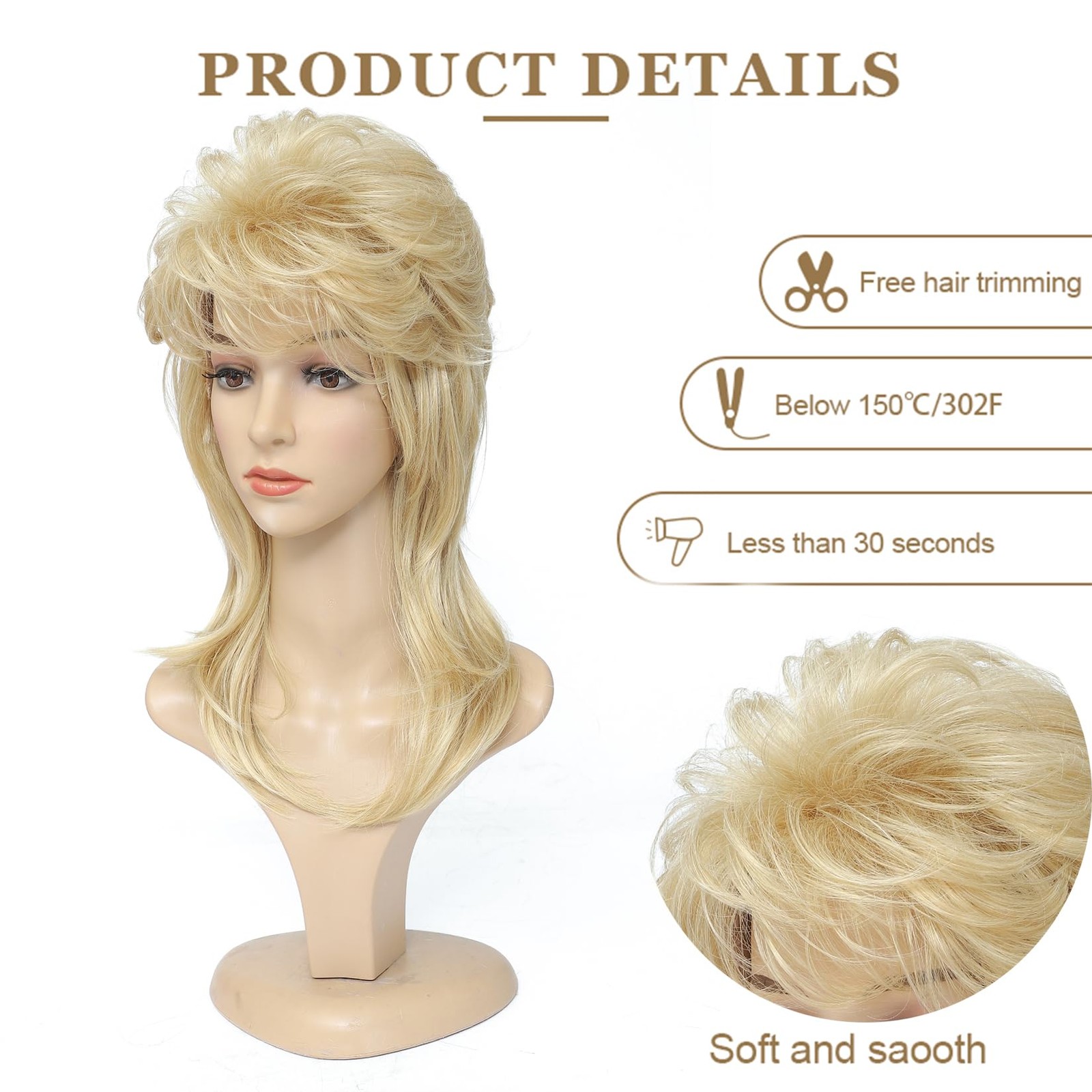 Mullet Wig for Women, Light Blonde, 80S 90S Costume Party Accessory