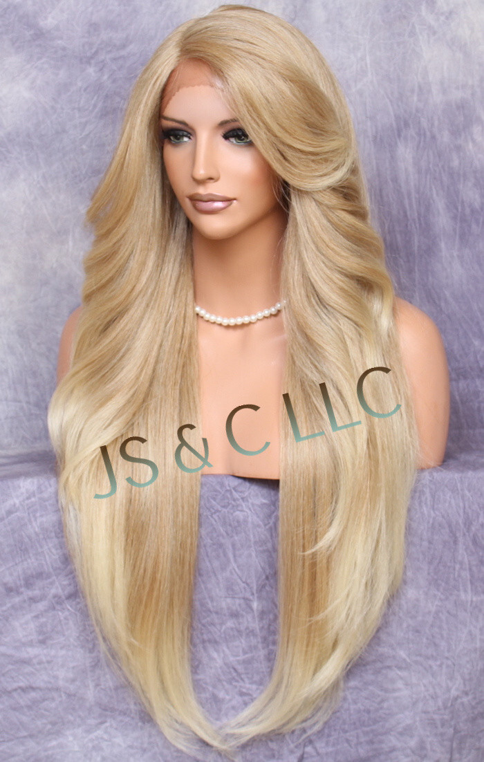 38″ Long Human Hair Blend Full Lace Front Wig Heat OK Blonde mix WEPC 27/613
