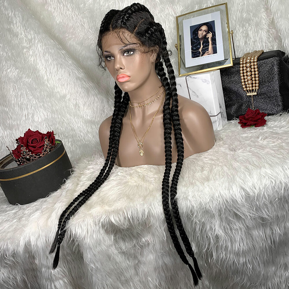 Long Braid Fiber Lace Front Wigs Cornrow Big Braiding 4 Braids Wigs Natural Hair