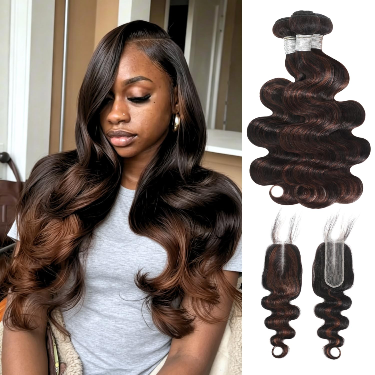 Auroo Brown Highlighted Bundles 2X6 Closure Body Wave Human Hair 12A Thick F4/2