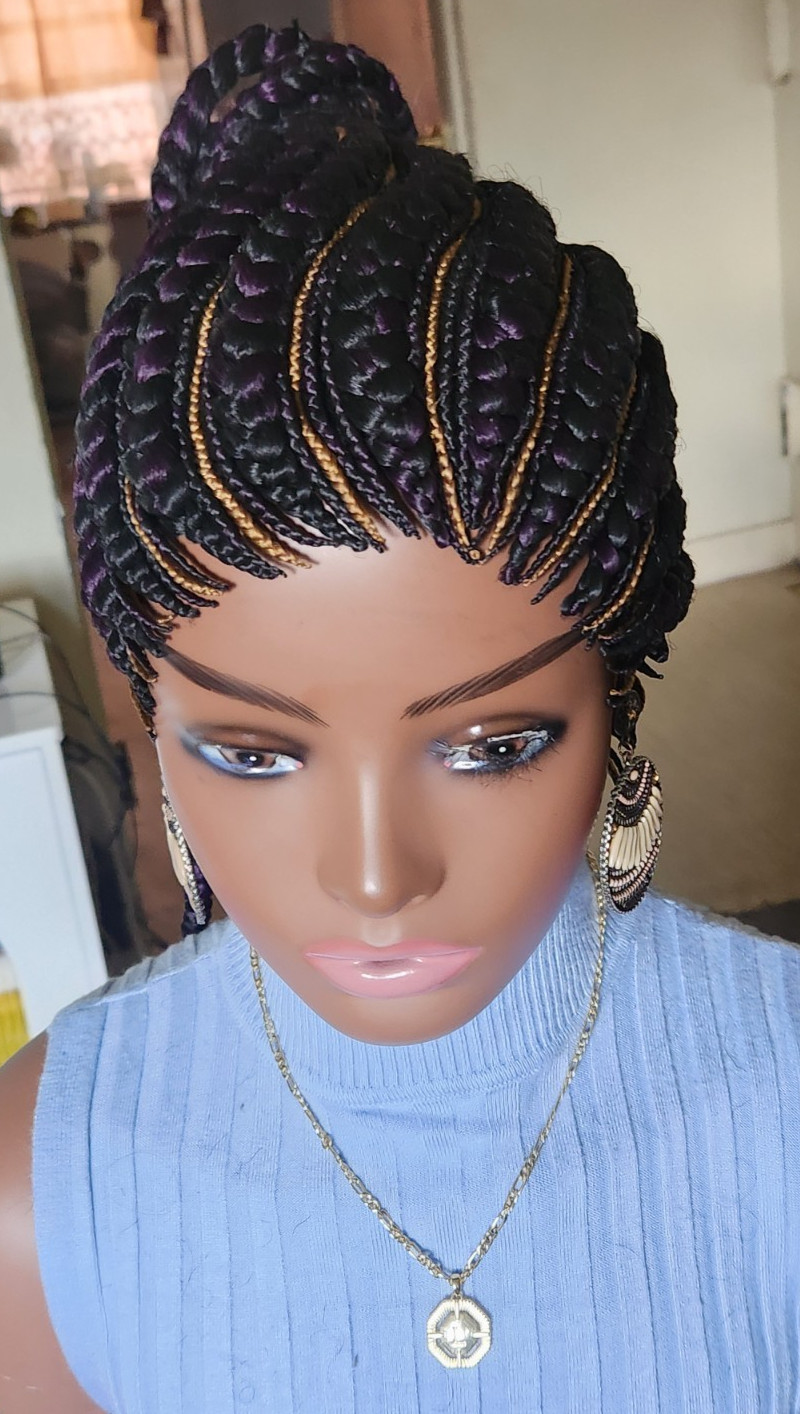Fully Hand Braided box braid cornrow wig poney tail libre 1B mixt Dark purple/27