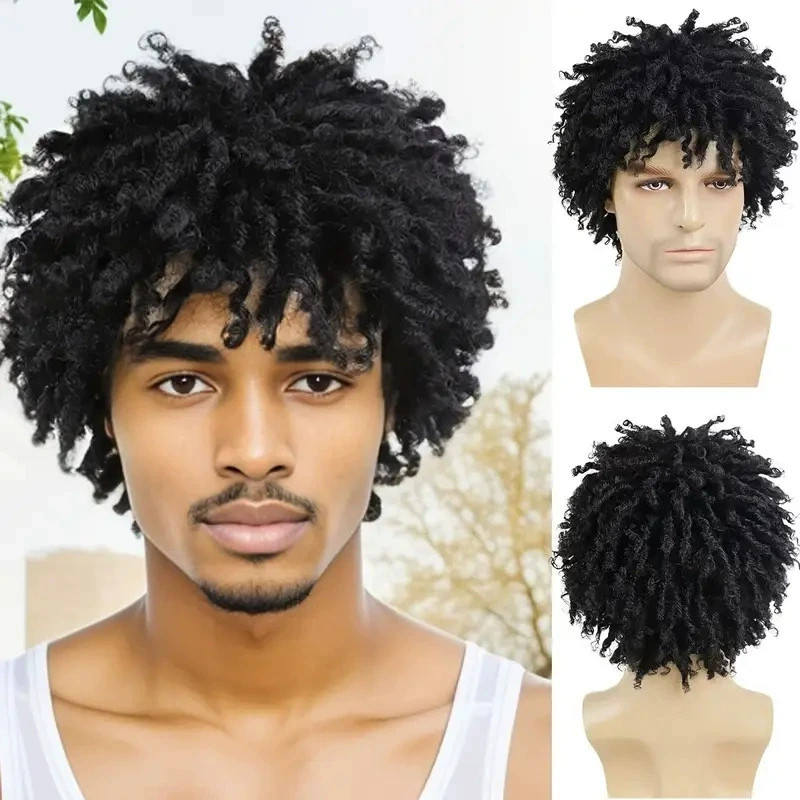 Men’s Short Afro Kinky Curly Synthetic Wig African American Twist Hair Black Bro