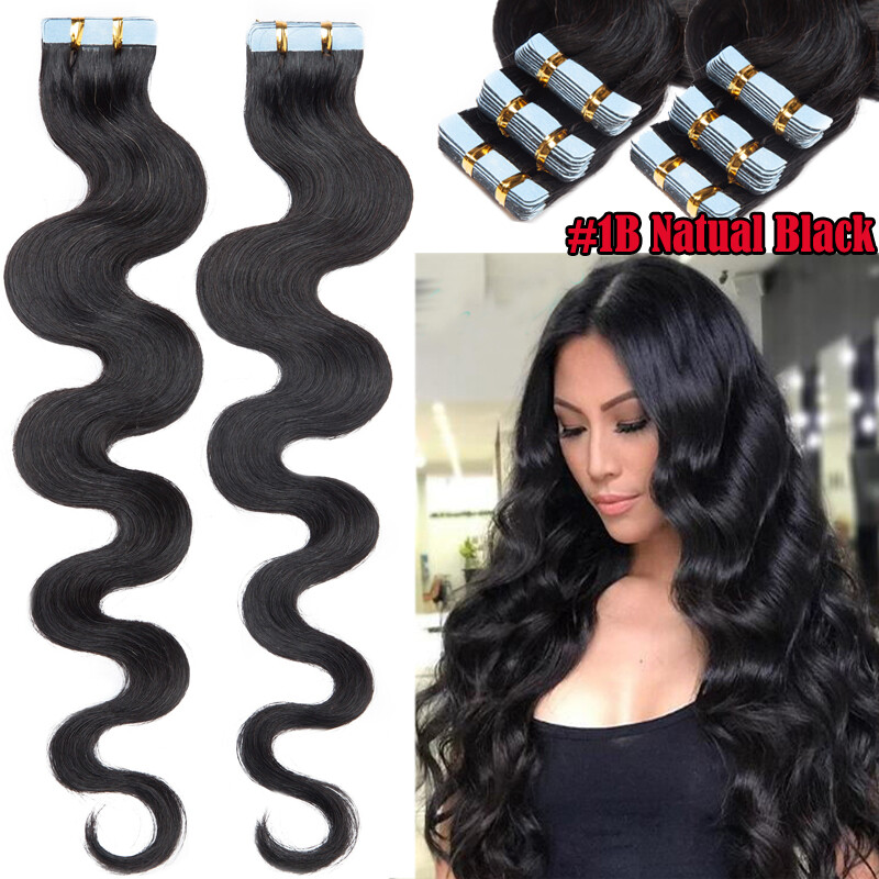 200g Thick Tape In Real Human Hair Extensions Skin Weft Full Head Wavy Ombre US