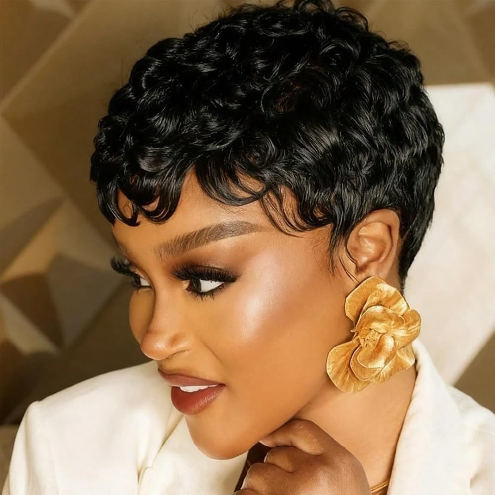 Human Hair Wigs Black Short Curly Pixie Cut with Bangs for Women