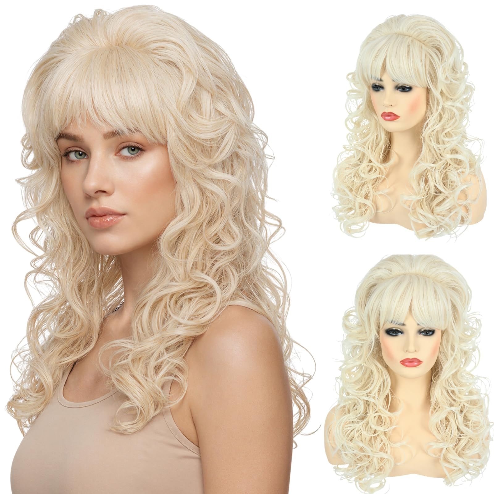 NWT Blonde 80s Bouffant Wig Long Curly Wavy Bangs Disco Drag Halloween