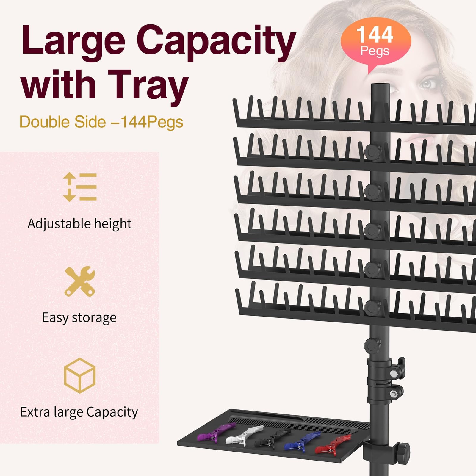 Braiding Hair Rack with Tray, 2-sided 144 Pegs, Heavy Duty Braiding Rack Stan…