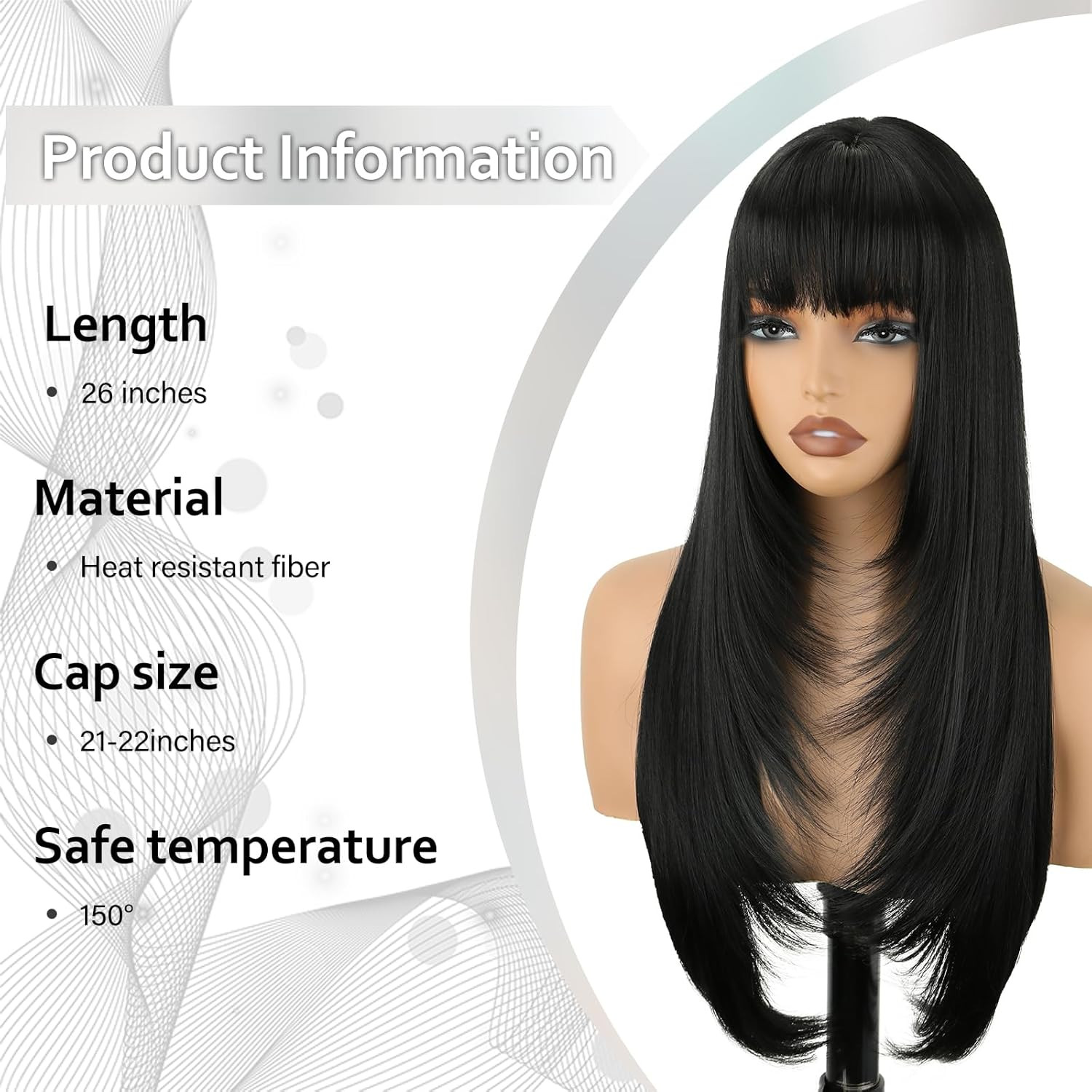 Black Long Straight Layered Wig with Bangs for Women 26 inch Put on Go Realistic