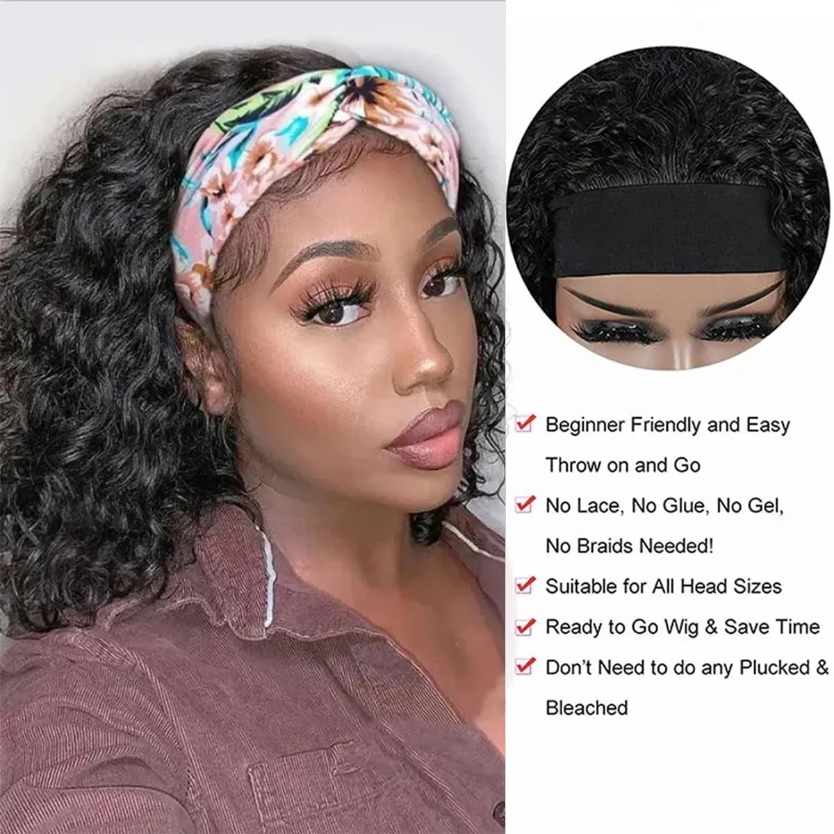 Water Wave Headband Human Hair 150% Density Afro Wigs for Black Natural Curls…