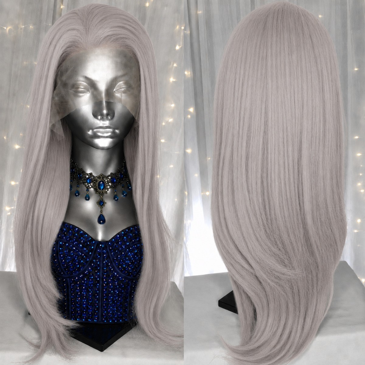 Layered Silver gray Lace Front Wig Heat Resistant Synthetic Hair Long Straight