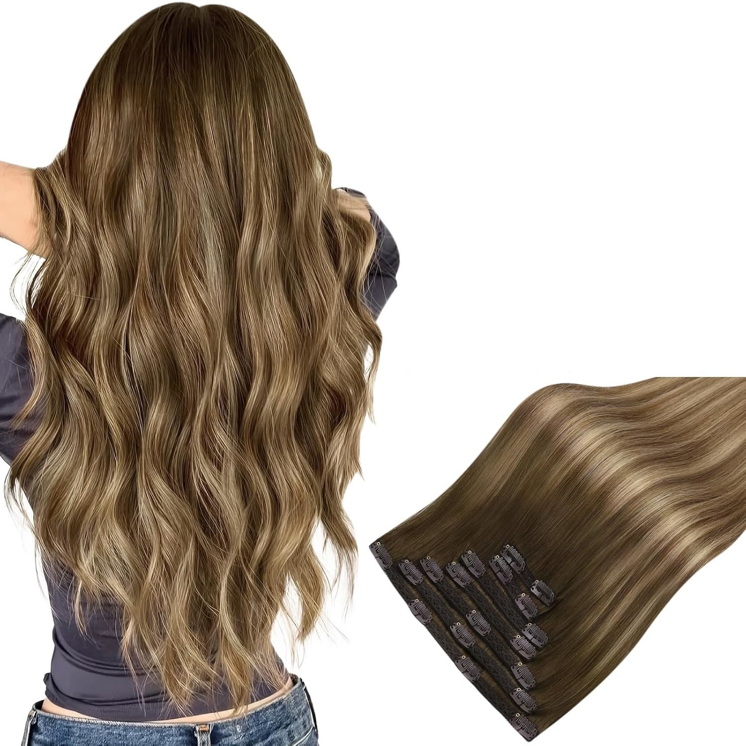 Easyouth CLIP-IN 14″ Dark Brown Fading – Caramel Human Hair Extensions CP 4-4-27