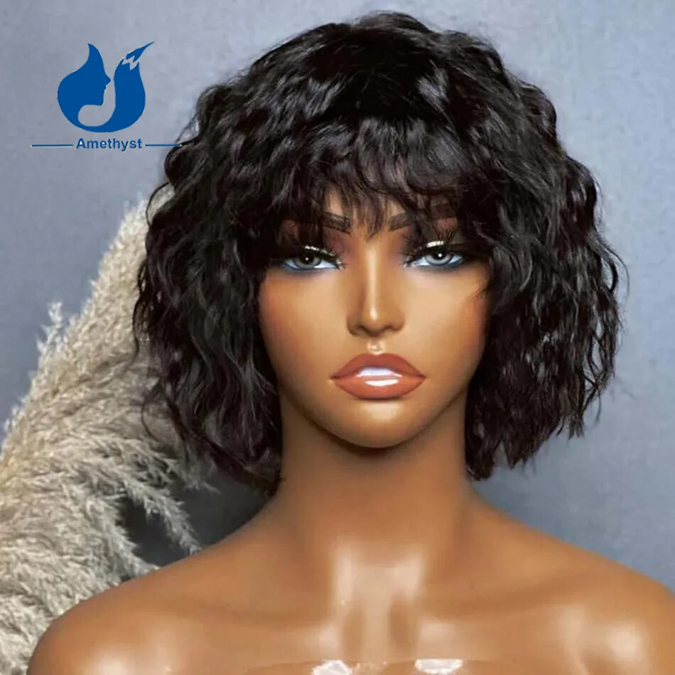 Wavy Bob with Bangs for Women 100% Human Hair Full Machine Made Wig Scalp Top