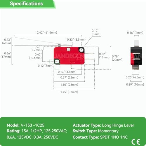 10Pcs Lead Limit Switch Long Straight Hinge Lever, SPDT 1NO 1NC Snap V-153-1C25