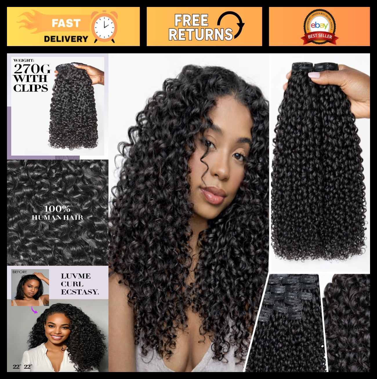 Burmese Curly Clip-In Hair Extensions – Real Human Hair, 24″ Messy Curls, 135g,