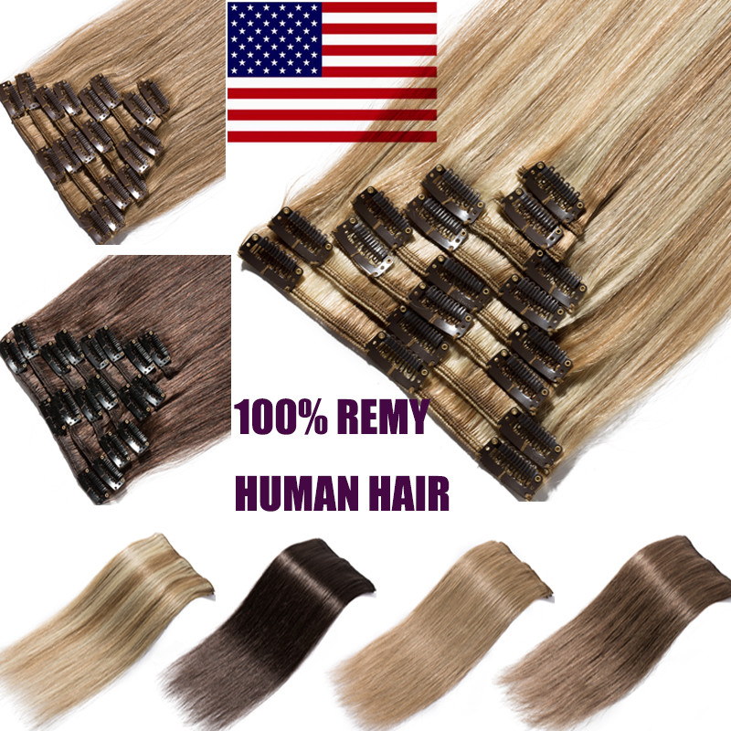 US Real Clip In 100% Remy Human Hair Extensions Full Head Highlight 18″20″22″24″