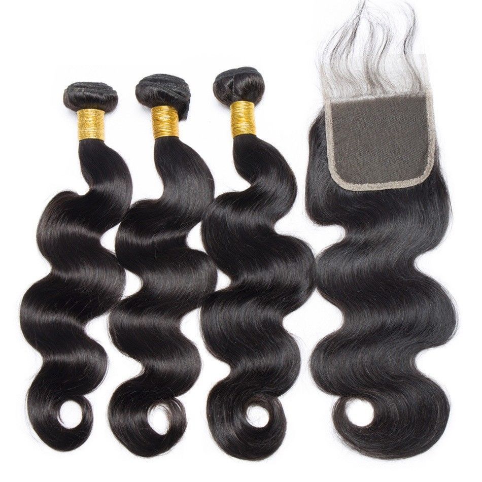 3 Bundles 8″10″12″ Virgin Remy Hair With 10″ 4*4 Lace Closure Body Wave
