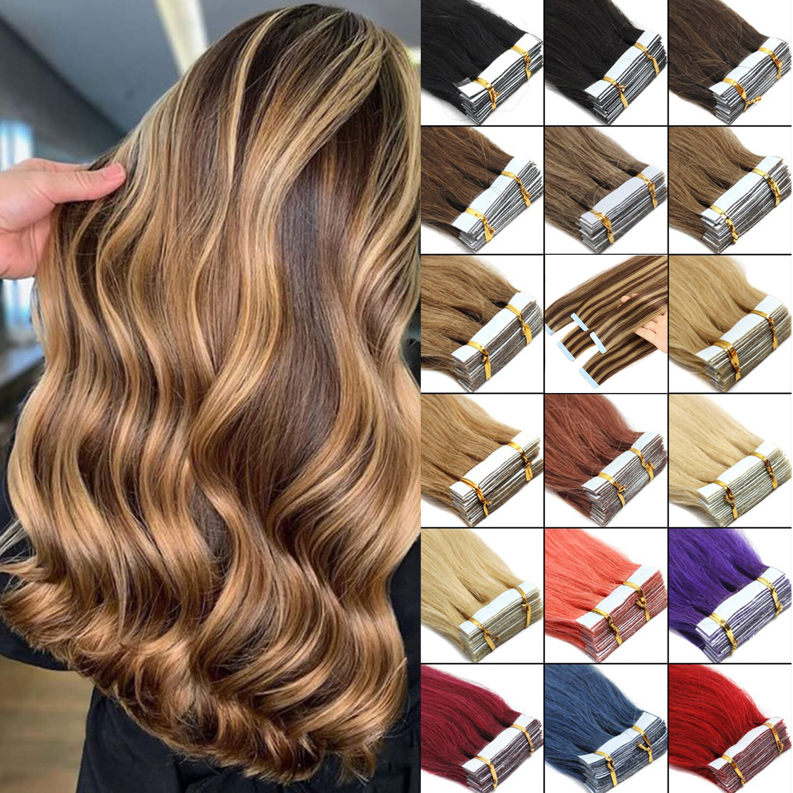Tape In Real Human Hair Extensions Invisible Glue Skin Wefts Full Head Remy Hair