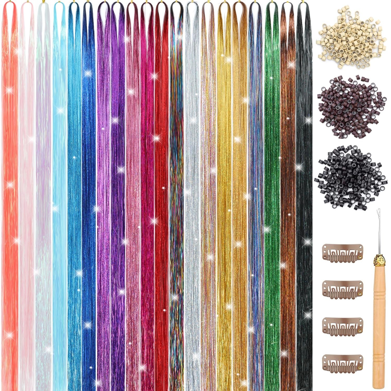 20 Colors Hair Tinsel Kit – 8800 Strands Heat Resistant 48 Inch Sparkle Set