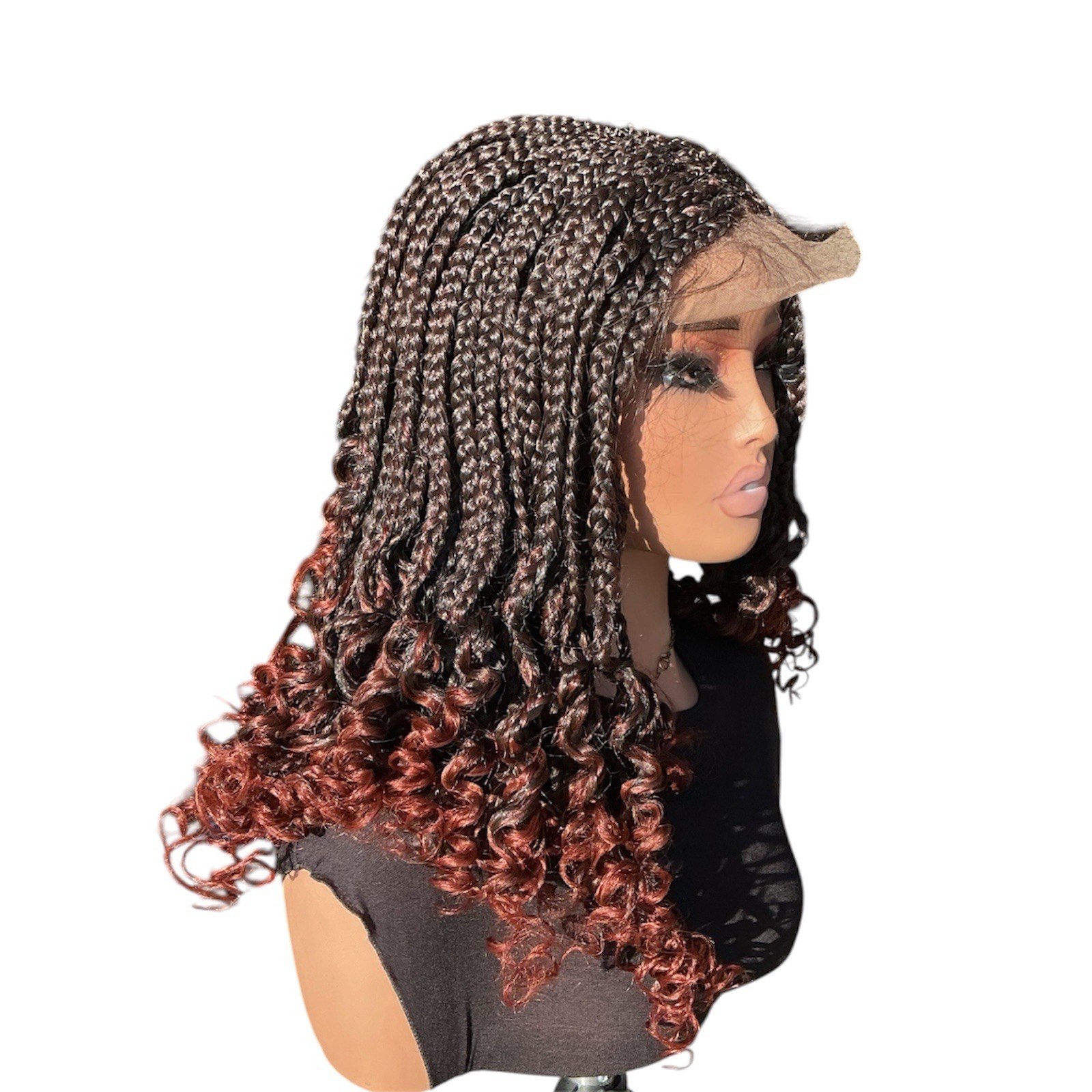 Handmade 4×4 Lace Cornrow Braided Wig – Brown Ombre with Curly Ends