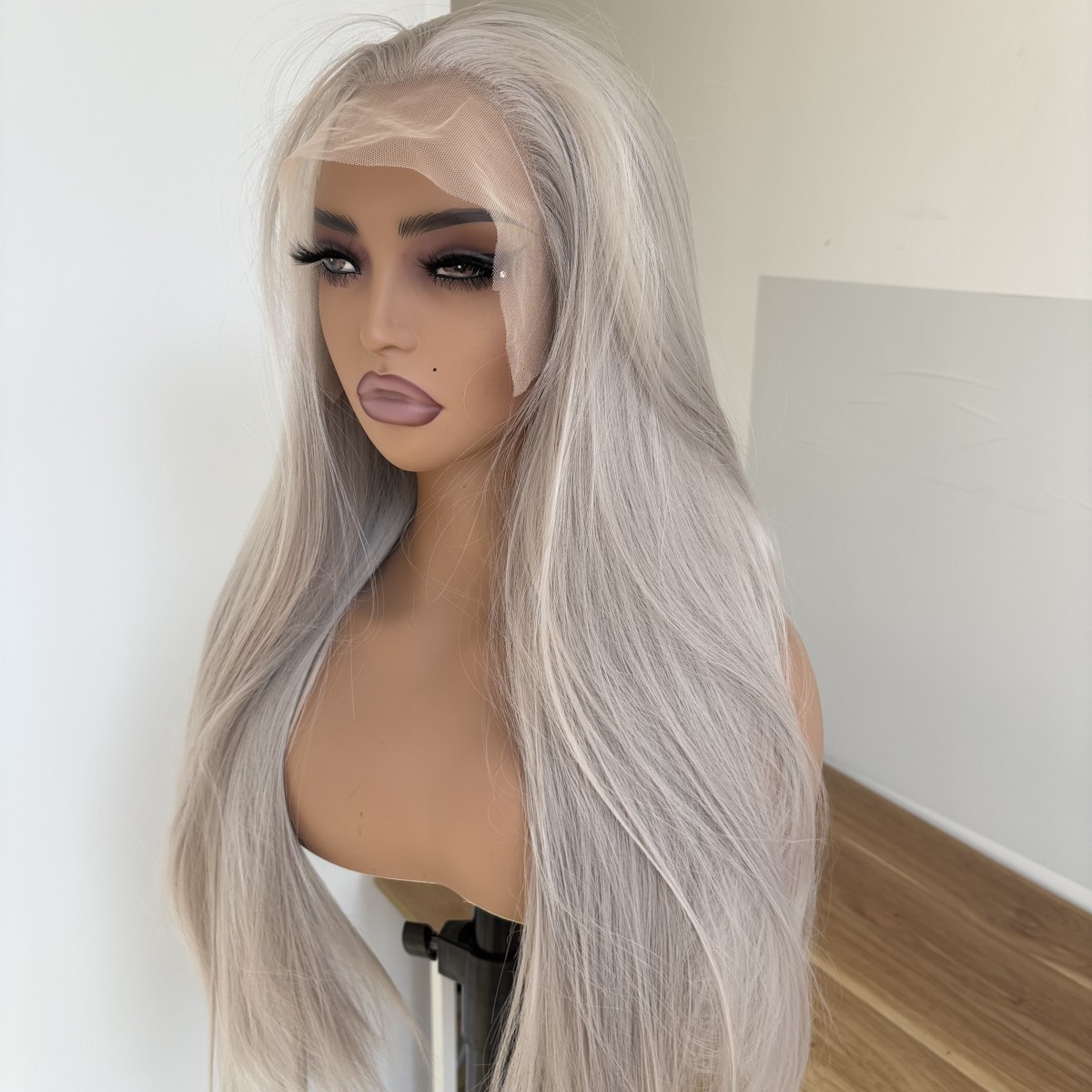 Long Straight Frontal Lace Wig Heat Resistant Hair Silver Pre Plucked