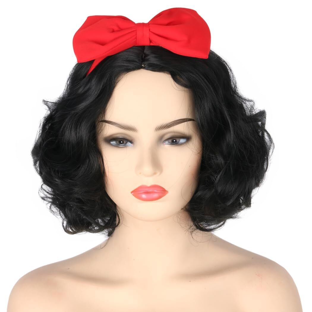 Womens Wig Black Short Curly Cosplay Wigs with Bow Headband Halloween Costume…