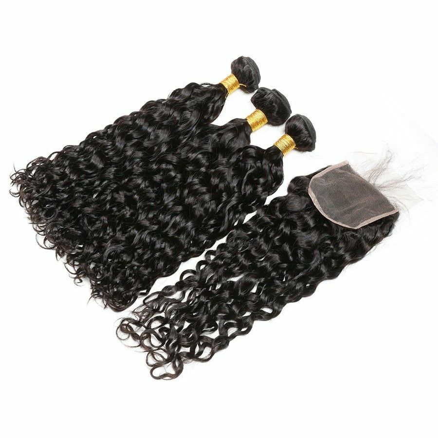 Water Wave Unprocessed Virgin Human Hair 3 Bundles w/4*4 Free Part Lace Closure