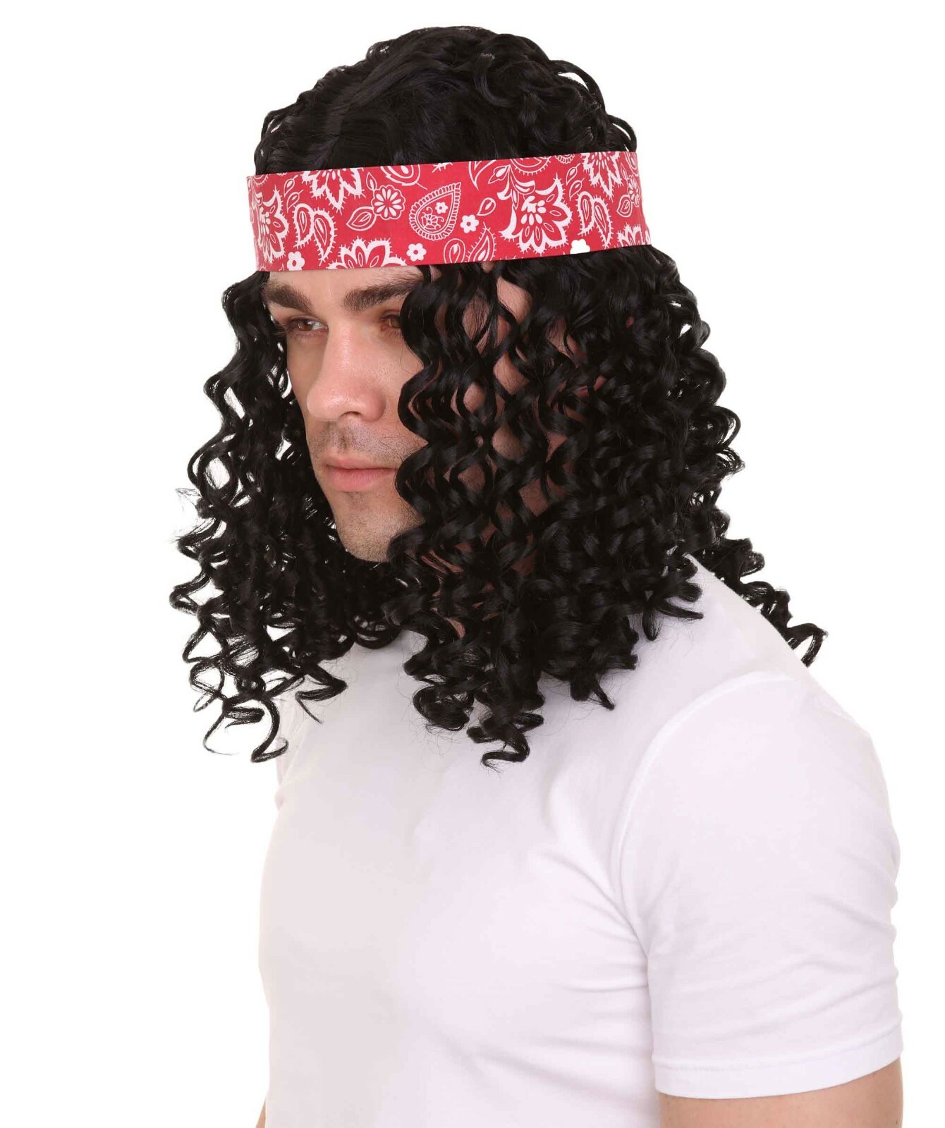 Men Cosplay Party Rock Star Black Wavy Curly Wig Headband Bandana Costume HM-036