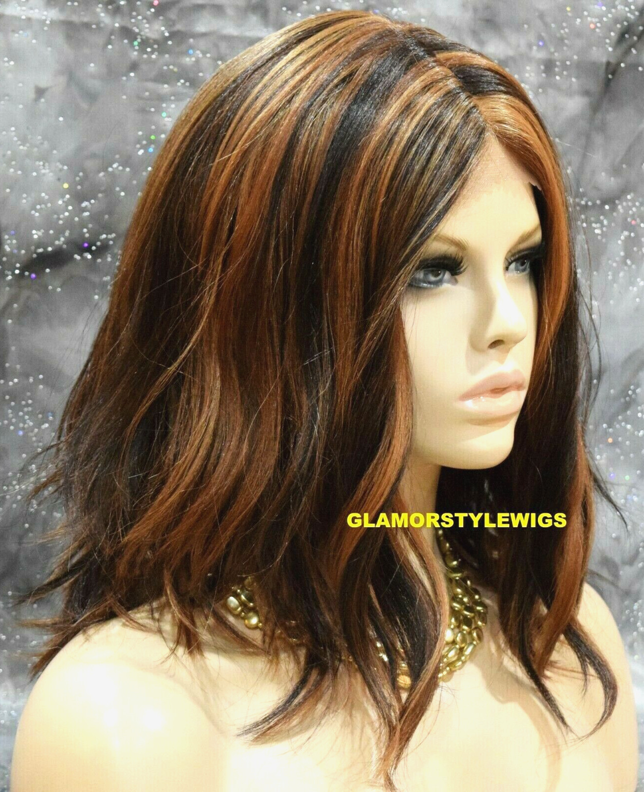 LACE FRONT FULL WIG BOB WAVY LAYERED MIDDLE PART BROWN AUBURN MIX HEAT OK NWT