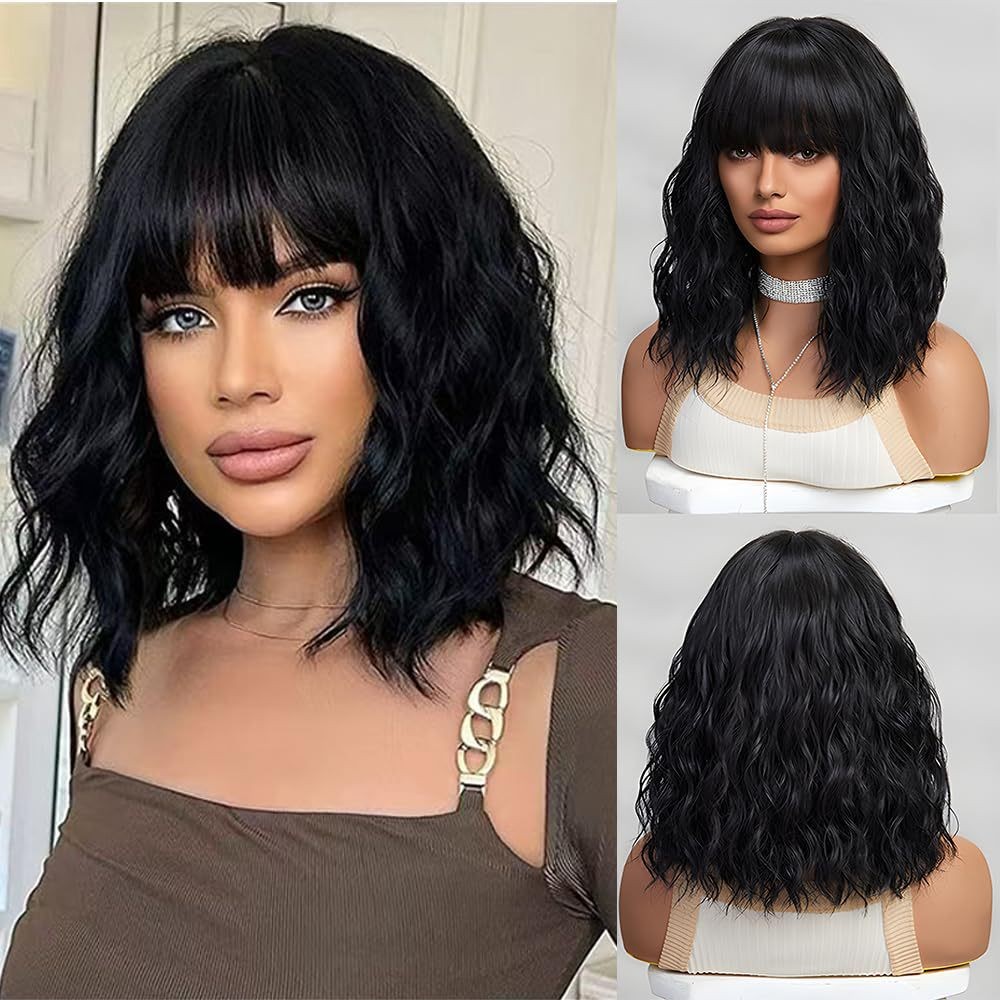 Highlight Short Water Wave Curly Wig Heat Resistant Synthetic Full Wig for