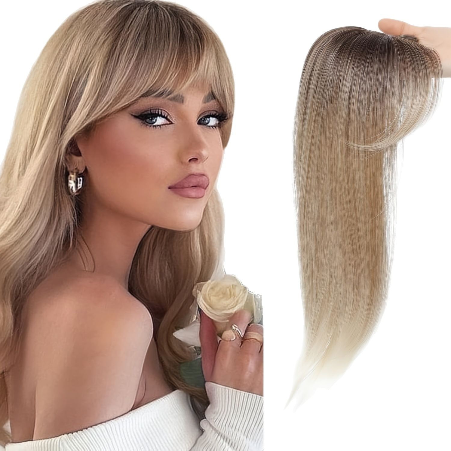 Women Hair Topper with Bangs Long Straight Ombre Blonde Clip In Crown Piece New