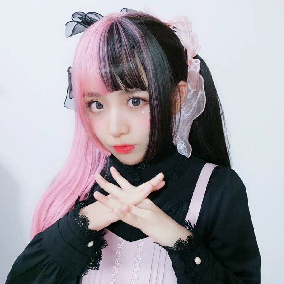 Long Wavy Ombre Black White Pink Heat Resistant Synthetic Lolita Wigs Halloween