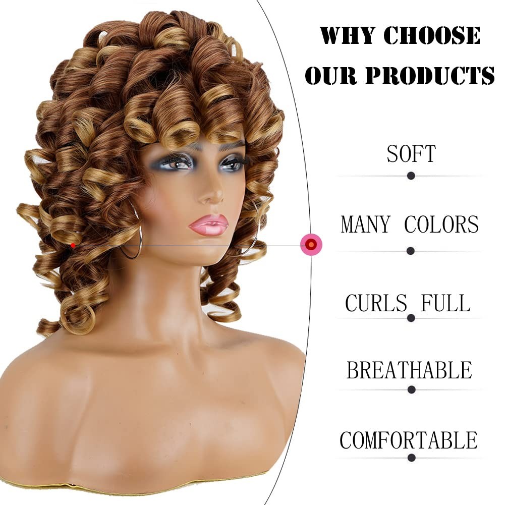 Short Curly Wigs for Black Women Soft Brown Blonde Big Curly Wig with Bangs A…