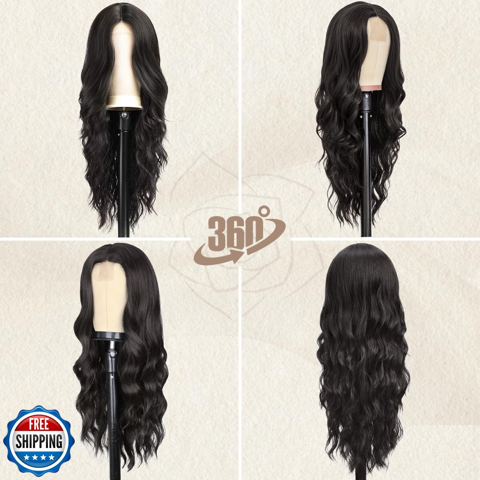 BARSDAR Long Wavy Black Wig – Long Wavy Middle Part Black Wig for Women – 26
