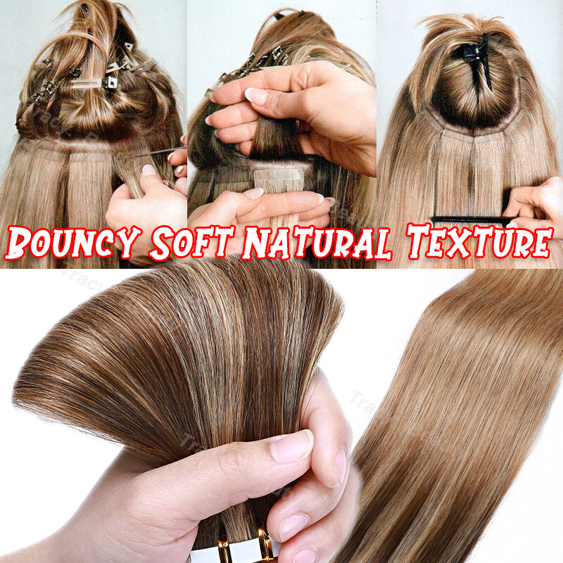 12-24inch Invisible Tape In Remy Human Hair Extensions Ombre Highlight Thick US