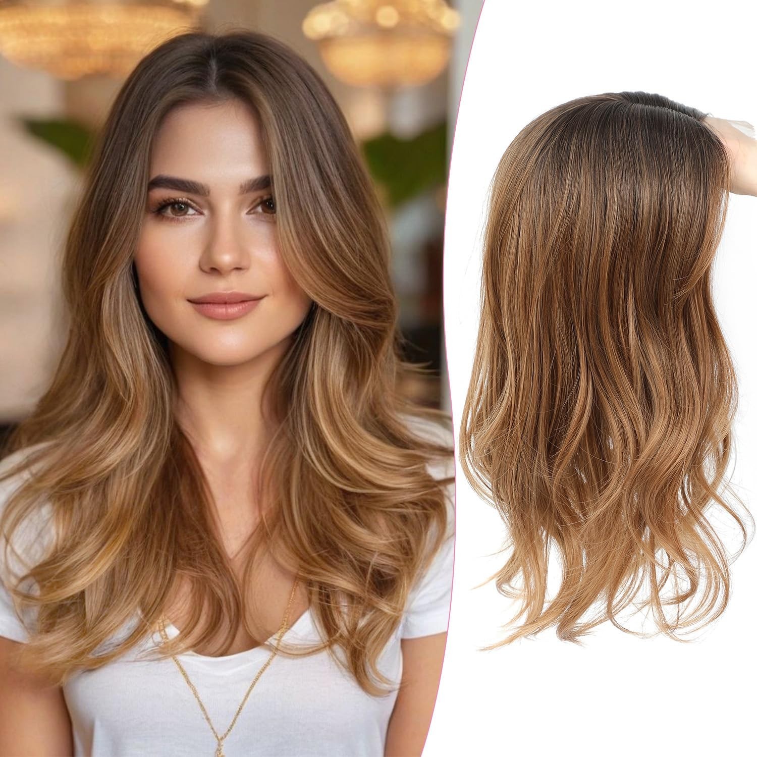 Caramel Blonde Dark Brown Roots 18in Wavy Women Premium Hair Topper