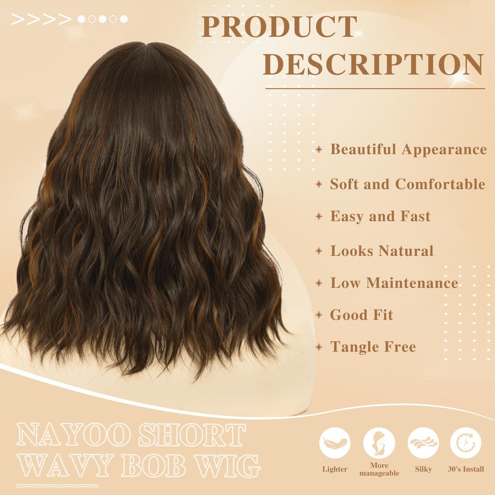 Brown Short Water Wave Curly Wig for Women Synthetic Natural Heat Resistant