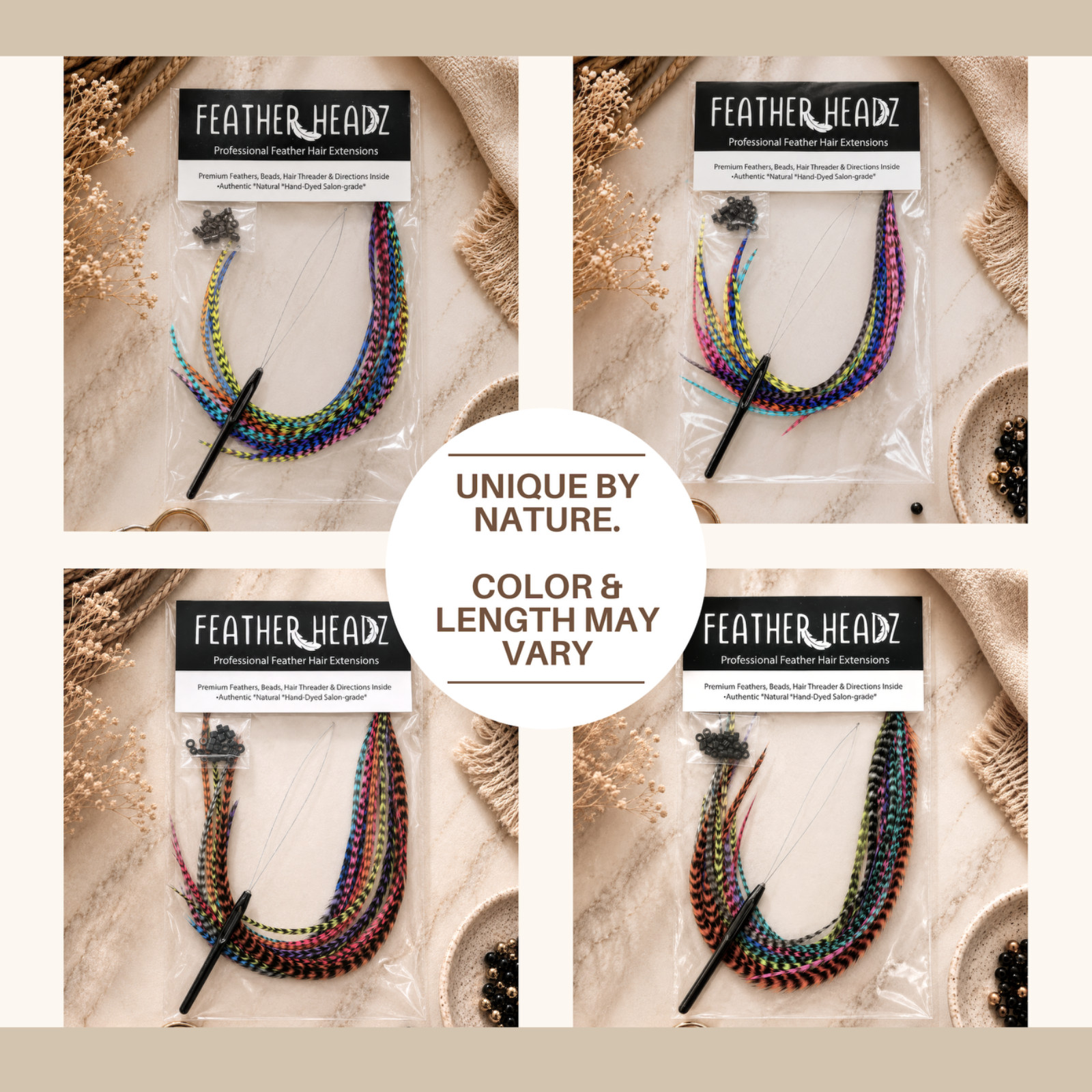 WHOLESALE 50 pcs. Rainbow Grizzly 10-14″ Feather Extension,Whiting Farms+DIY Kit