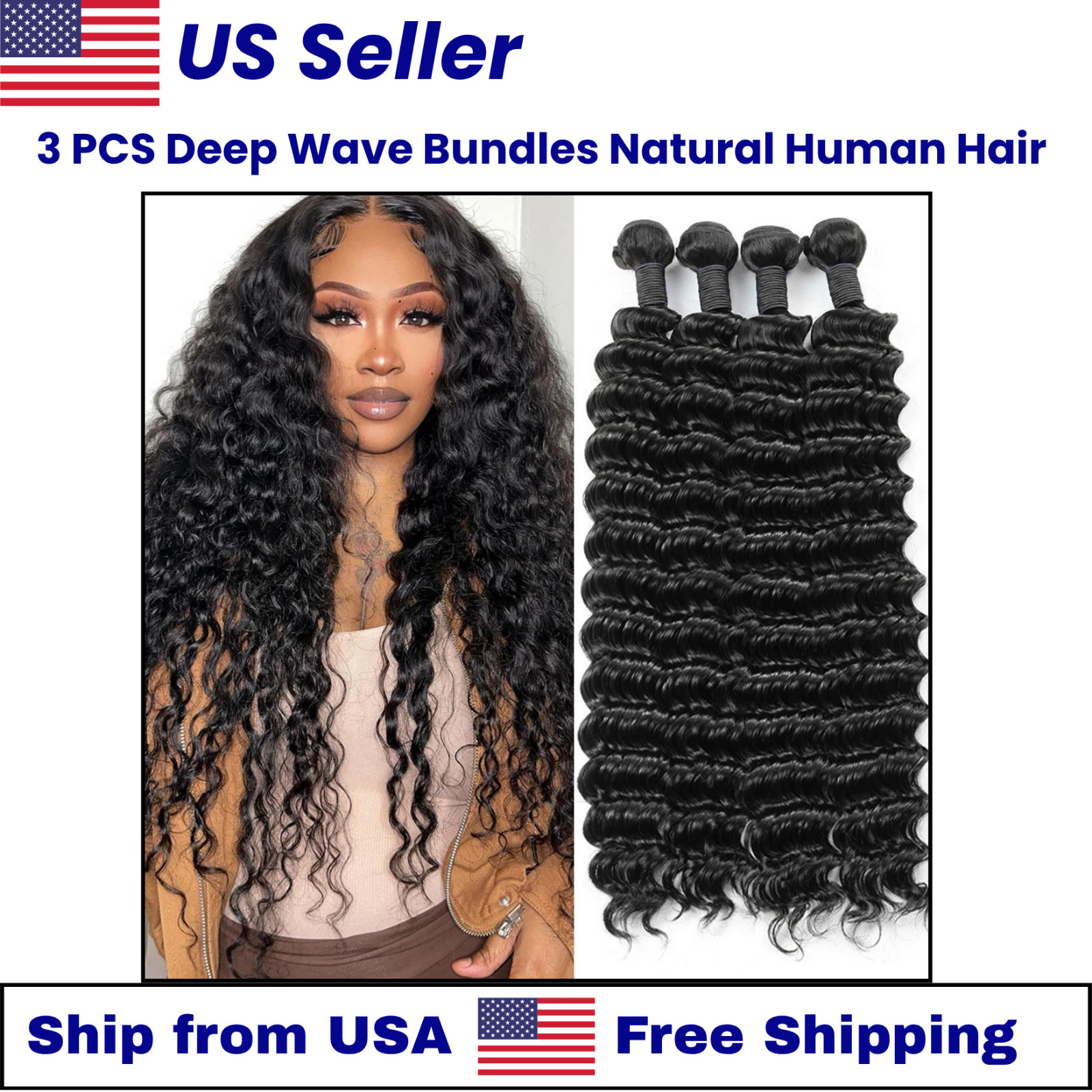3PCS Luxury Deep Wave 100 % Remy Human Hair Bundles Natural Color Beauty Gift