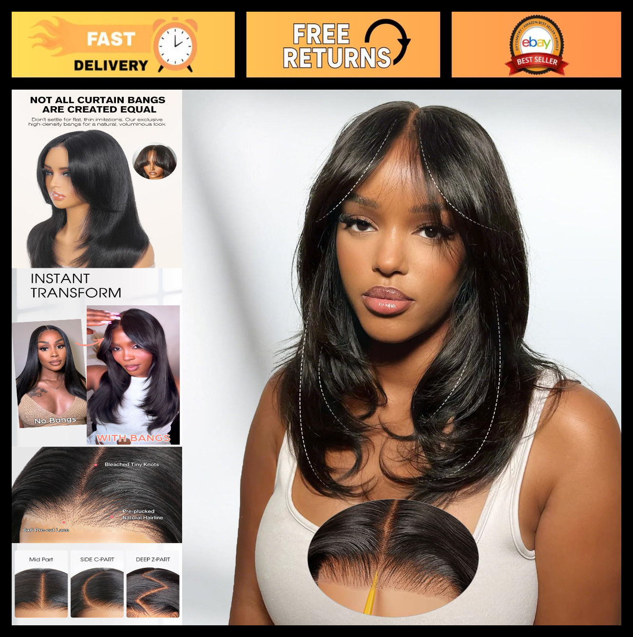Layered Curtain Bangs Glueless Human Hair Wig – 16″ HD Lace Front Closure, Ready