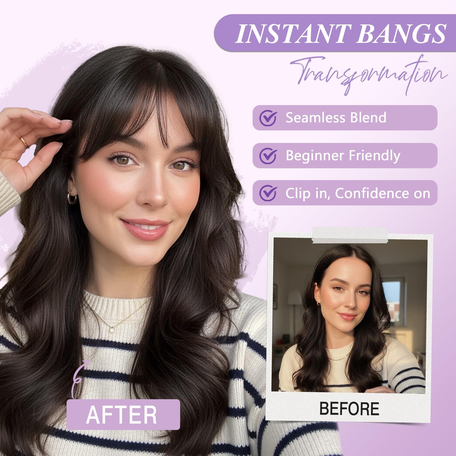 Bangs Hair Clip 100% Human Fringe with Temples Wispy French Brown Black
