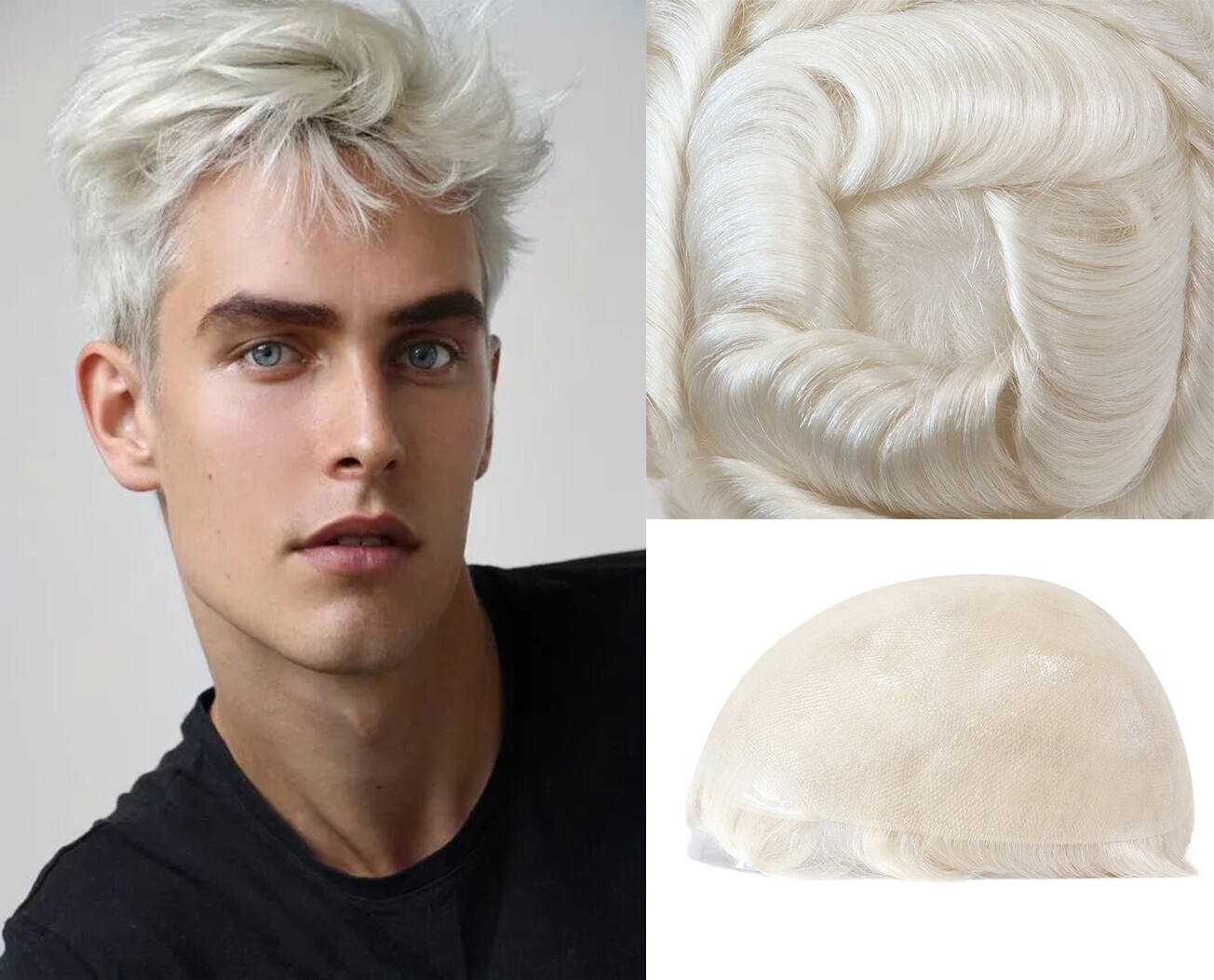 Mens Human Hair Replacement System Ultra Thin Skin Toupee Hair Pieces White Hair