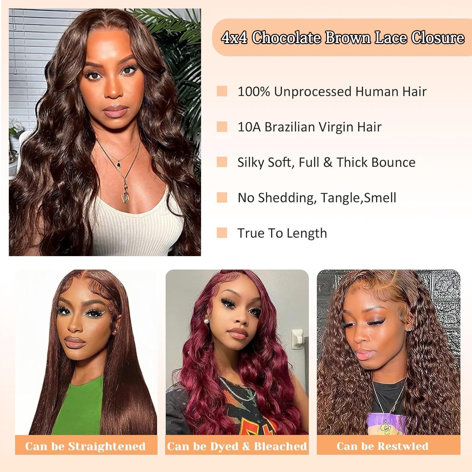 Isufer Chocolate Brown Lace Front Closure 4X4 Human Hair 20 Inch Body Wave