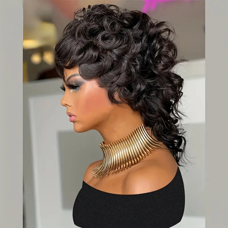 Black Short Mullet Curly Wig Wigs with Bangs Brazilian Hair None Lace Wigs